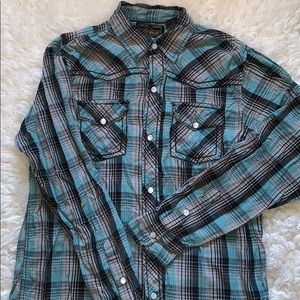 Men’s Blue and Grey Plaid Flannel Button Up TShirt